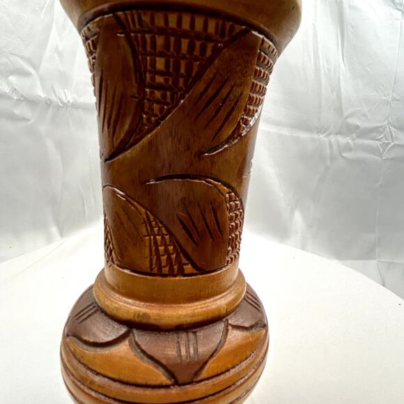 Wood Vase Vintage Hand Carved handmade floral design art unused - Picture 8 of 10
